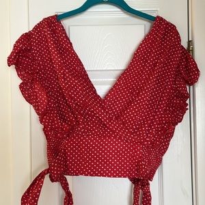 Red and White Poka Dot Ruffle Sleeve Crop Top